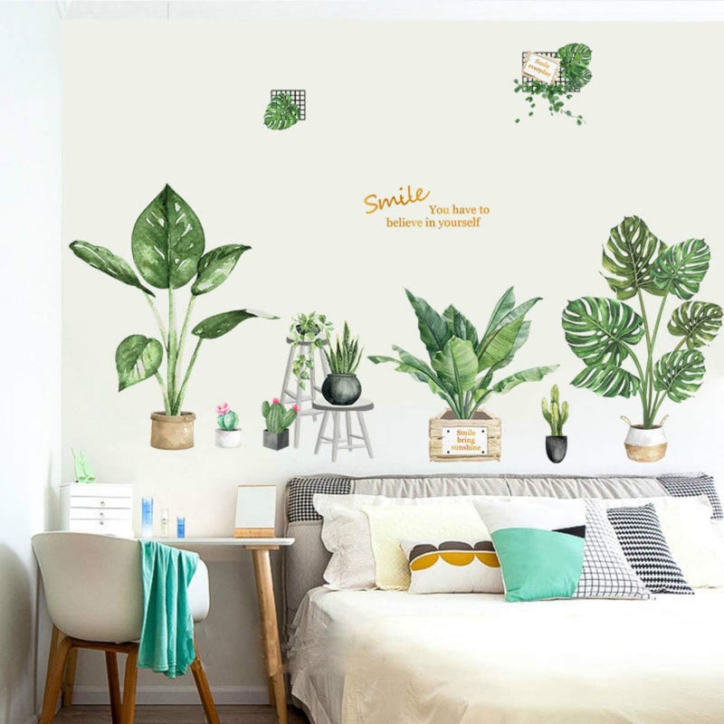 iinuu Green Plants Potted Plants Wall Stickers for Living Room,Tropical Plants Green Leaves Bedroom Offices Wall Decals Art Murals Home Decoration - Image 2
